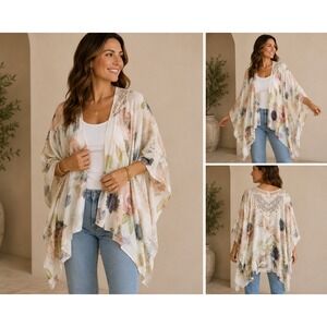 Elizabeth Gillett Floral Kimono Wrap Poncho Crochet Lace‎ Inset Viscose One Size